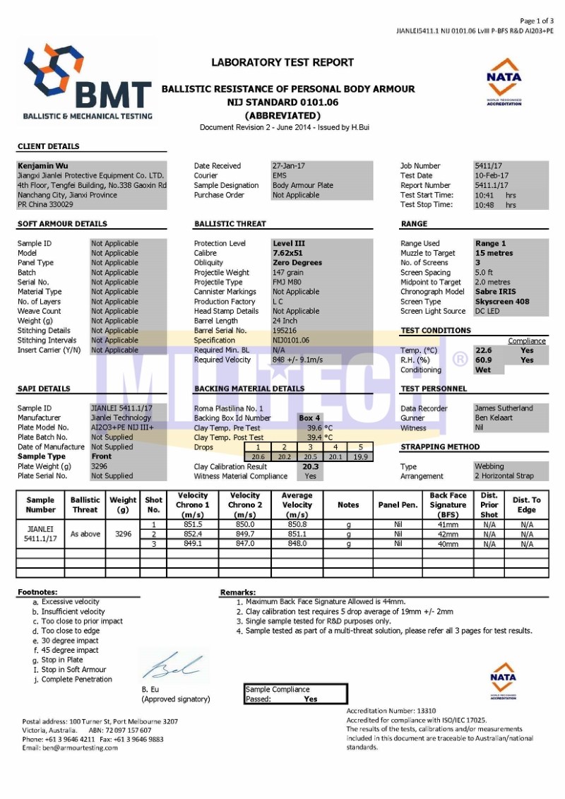 Alumina Ballistic Plate BMT NIJ III+ 0101.06 M80 M43 SS109 Test Report 1